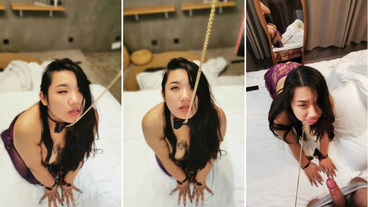 巨乳坦克母狗 被狗链牵着 完美露脸 身着连体黑丝 这个体型再加这个大奶 操起来是真的舒服 趴在床边后