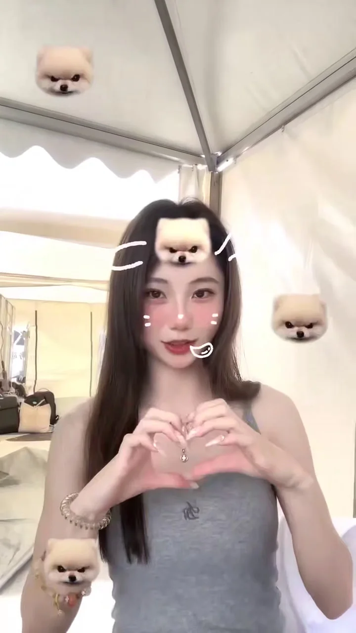 灰背心女子比心手势 四周狗头贴纸