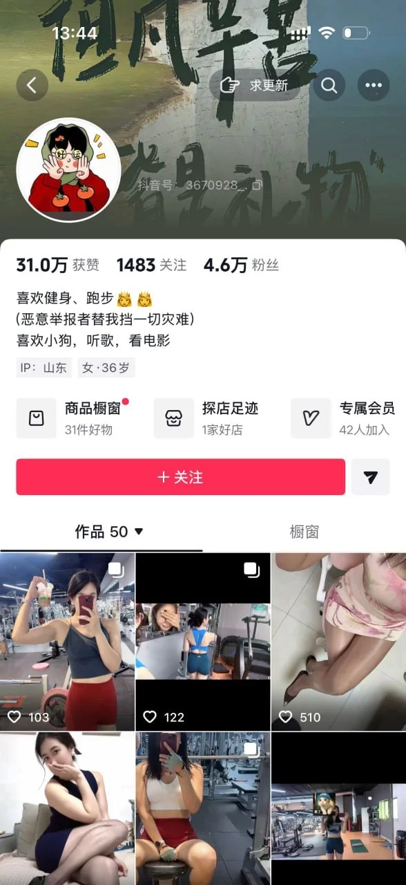 抖音主页：31.0万获赞 1483关注 4.6万粉丝 山东